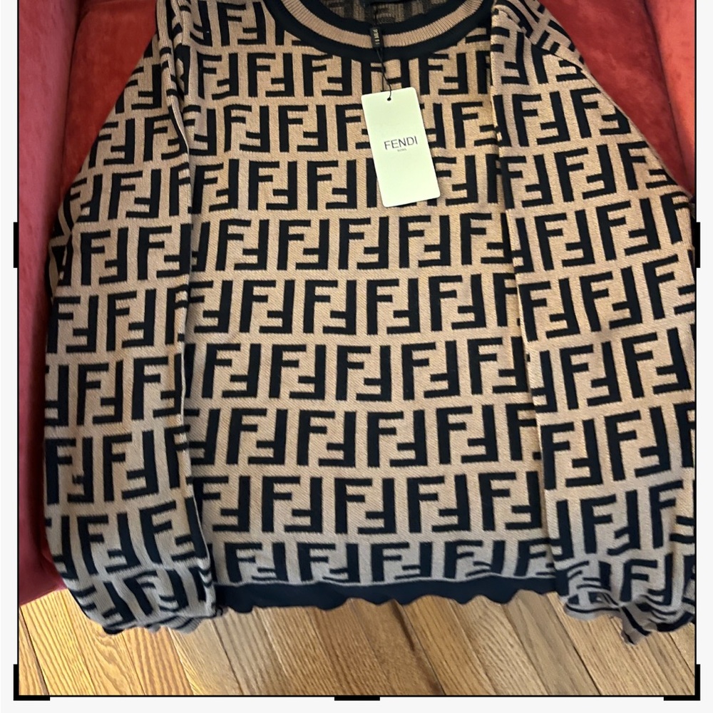 Fendi Beige and Black FF Logo Crewneck Sweater